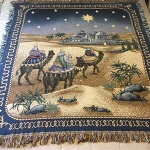 3 Wise Men Camels Tapestry Blanket Bethlehem Stars 47 X 54” Fringe Christmas